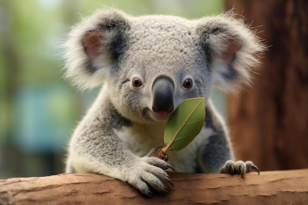 Een koalabeer met een veer in zijn poot