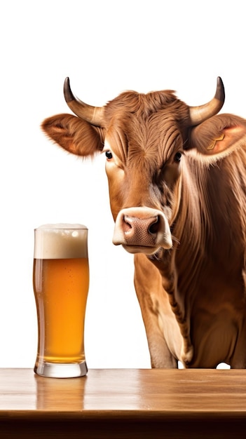 een koe die naast een koe een glas bier drinkt.