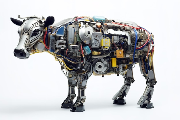 Een koe gemaakt van elektronische machines op een witte achtergrond Boerderijdieren illustratie Generatieve AI