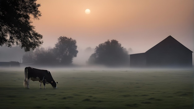 een koe graast in een weiland met daarachter de ondergaande zon