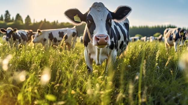 Een koe in een grasveld waar de zon op schijnt