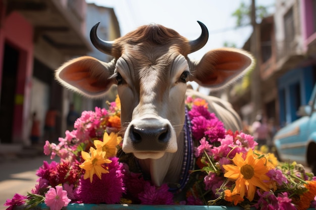 Een koe met bloemen op de kop