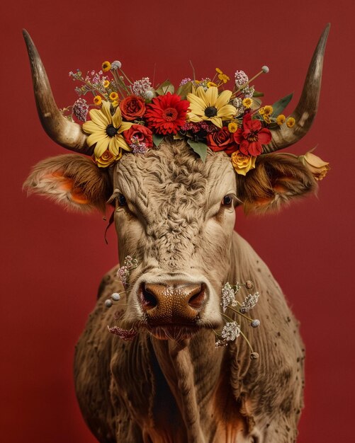 Foto een koe met bloemen op haar hoofd wordt getoond op een rode achtergrond