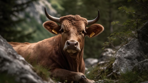 Een koe met een merkteken aan zijn oor ligt op een rotsachtige helling.