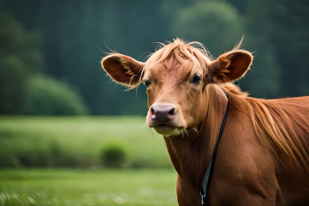 Een koe met een riem om haar nek staat in een weiland.