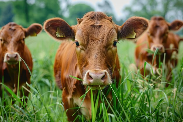 een koe met een tag in haar oor eet gras