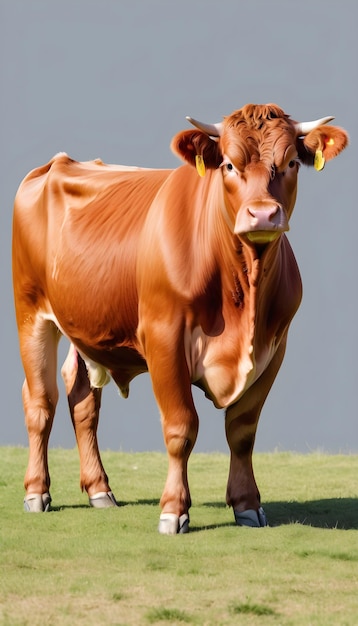 Foto een koe met een tag in haar oor staat in een veld