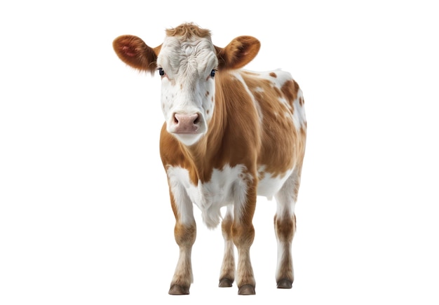 Een koe met een witte achtergrond en een bruin-witte koe met een witte achtergrond.