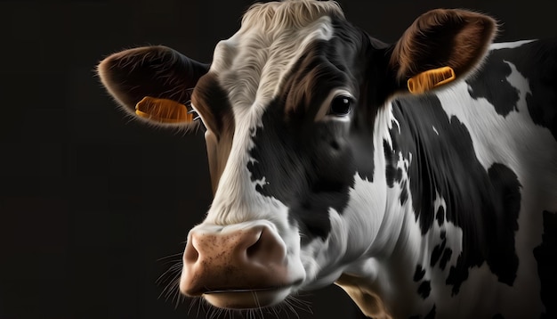 Een koe met een zwarte achtergrond en witte vlekken.