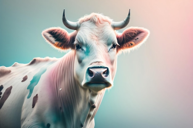 Een koe met roze en blauwe vlekken op haar gezicht