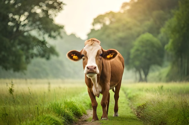 Een koe op een landweggetje met een tag in het oor.