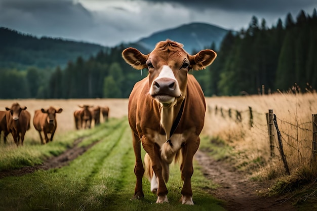 Een koe staat op een boerderij met bergen op de achtergrond