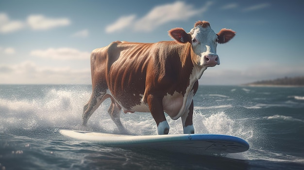 Een koe staat op een surfplank in het water en staat op een surfplank.