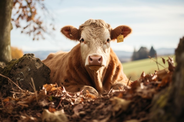 een koe zit op de grond in een veld