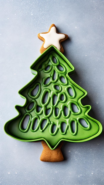 Foto een koekje in de vorm van een kerstboom met een ster bovenop