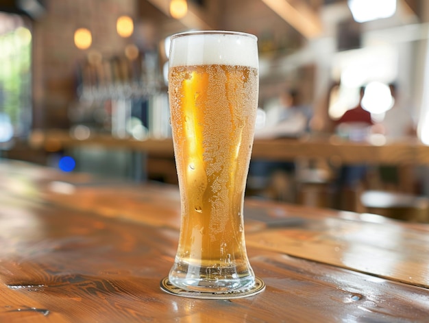 Een koel glas bier rust voorzichtig op een rustieke houten tafel en creëert een rustige scène.