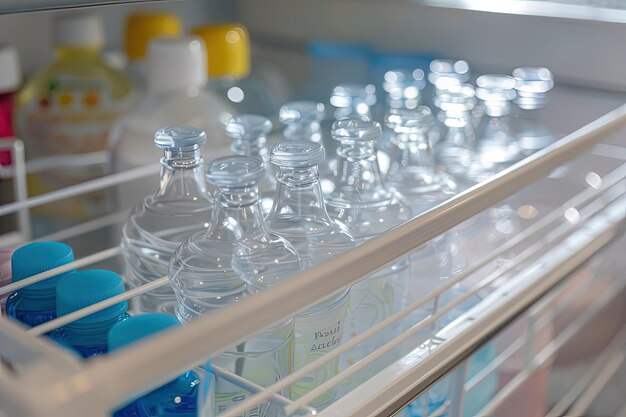 Een koelkast vol met flessen water.
