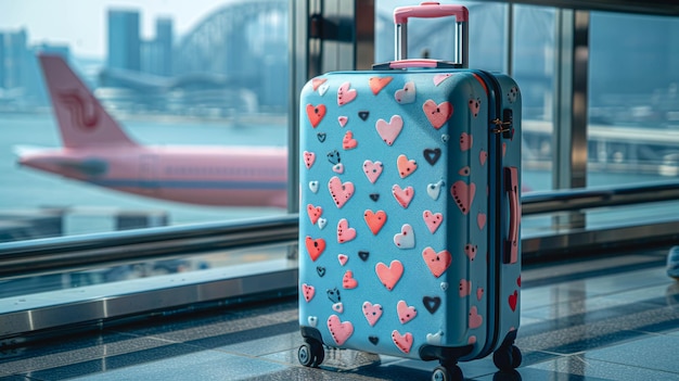 Een koffer in een hart afdruk op de achtergrond van een vliegtuig op de luchthaven