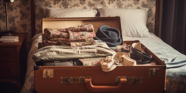 Een koffer met een kaartje eraan staat in een kamer met twee bedden.
