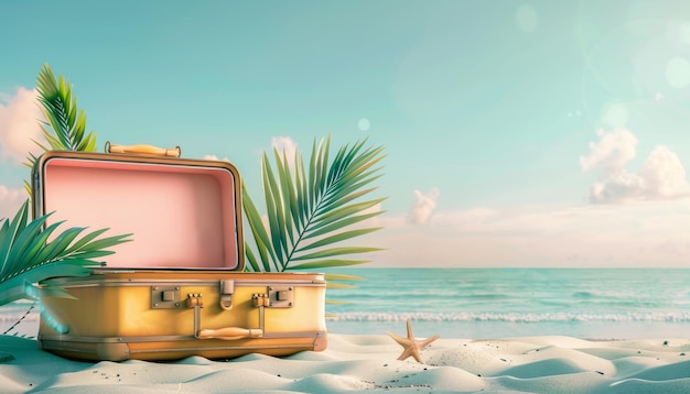 Een koffer zit op het zand naast de oceaan door een door AI gegenereerde afbeelding