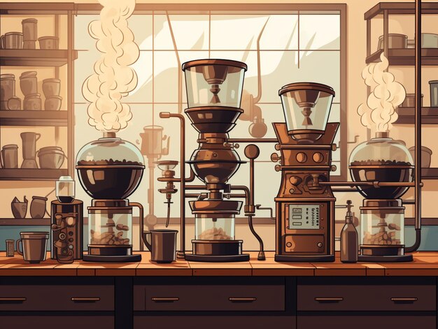 Een koffie-laboratorium bestaande uit verschillende koffie-apparatuur