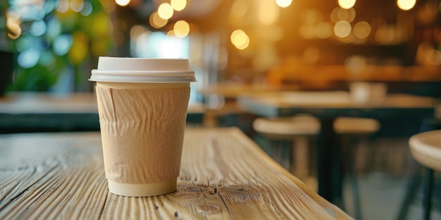 Foto een koffiebeker zit op een houten tafel in een café. de beker is bedekt met een bruine papieren omhulsel en de tafel is omringd door stoelen. concept van ontspanning en vrije tijd terwijl mensen van hun koffie kunnen genieten.