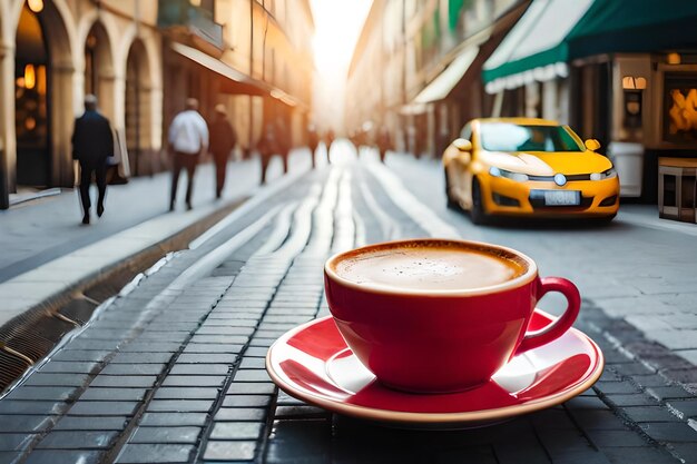Een koffiekop en schotel op een straat met een taxi op de achtergrond.