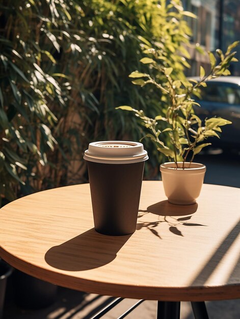 een koffiekop op een tafel met een plant op de achtergrond