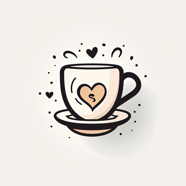een koffiekopje heeft een hartvormig handvat met een icoon in de stijl van eenvoudig lijnwerk