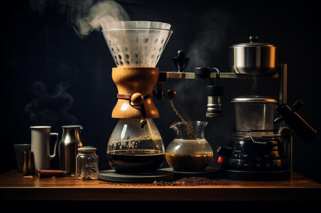 een koffiemaker met een stoomkoffiemaker op de tafel