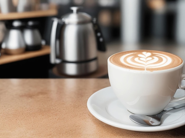 Een koffieshop met een latte op de toonbank met Delicious koffiekopje