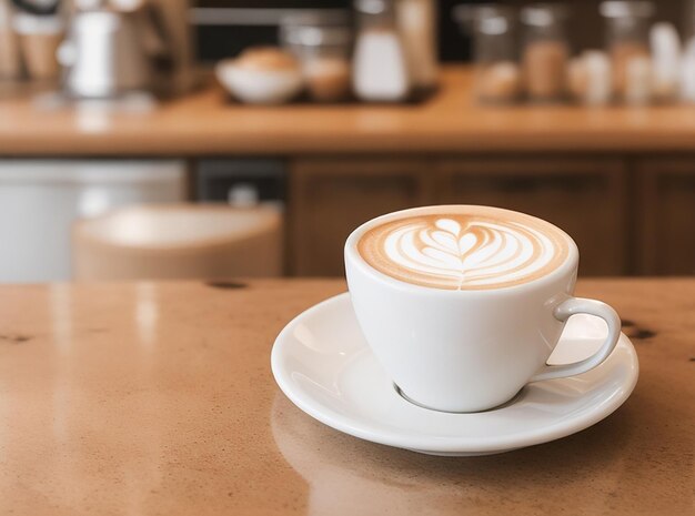 Een koffieshop met een latte op de toonbank met Delicious koffiekopje