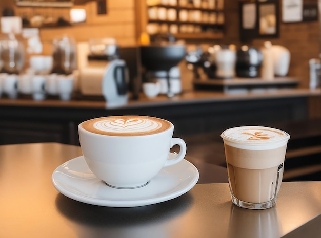 Een koffieshop met een latte op de toonbank met Delicious koffiekopje