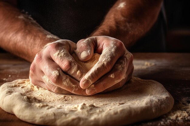 Een kok die handgemaakt vers deeg maakt voor pizza close-up