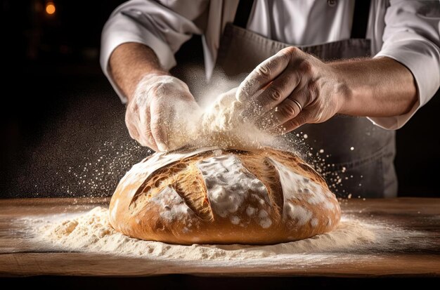 een kok giet meel op het brood