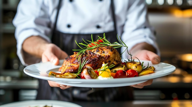Een kok houdt een bord met heerlijk eten vast. Het bord heeft geroosterde kip, groenten en rozemarijn.