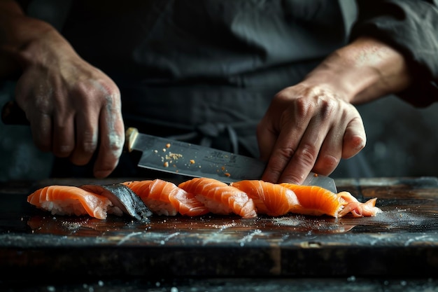 Een kok snijdt een dienblad sushi in stukken.