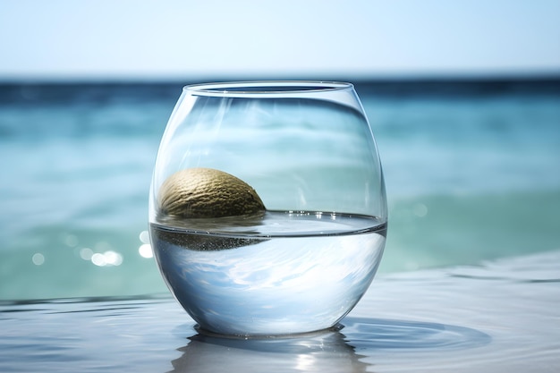 Een kokosnoot in een glas water met daarin een stuk fruit drijvend.