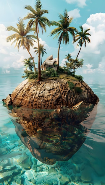 Foto een kokosnoot met een eiland in palmbomen en turquoise isometrische