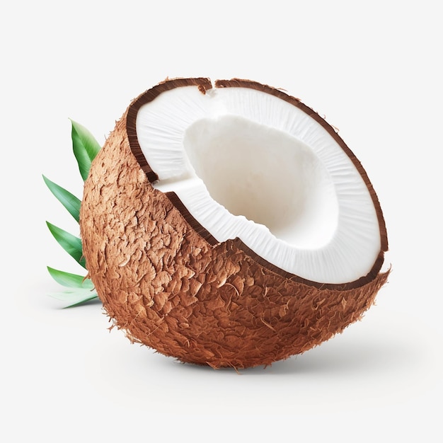 Een kokosnoot met een groen blad erop