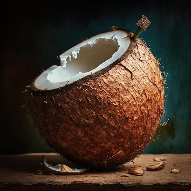 Een kokosnoot met een kurk erin en een fles kokos erop.