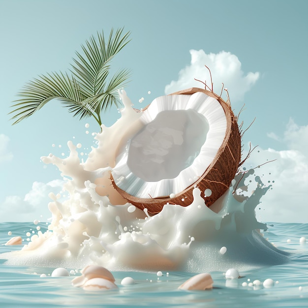 Een kokosnoot valt in het water met een palmboom op de achtergrond en een spetter melk op de w