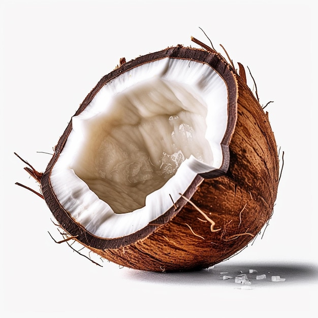 Een kokosnoot waarvan de bovenste helft open is en de onderste helft half open.