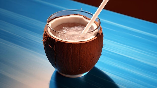 een kokosnootfruitdrankglas op een blauwe tafel Generatieve Ai