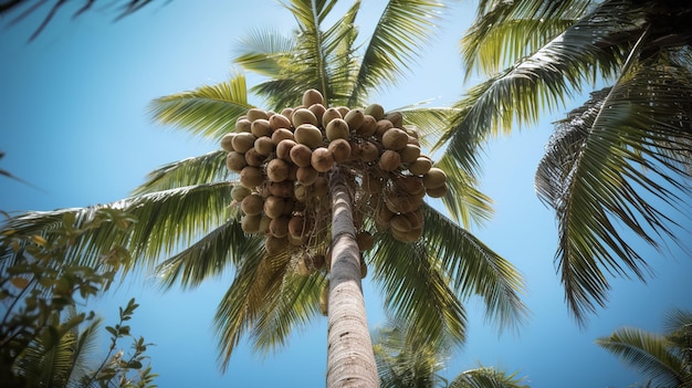 Een kokospalm met veel grote vruchten eraan