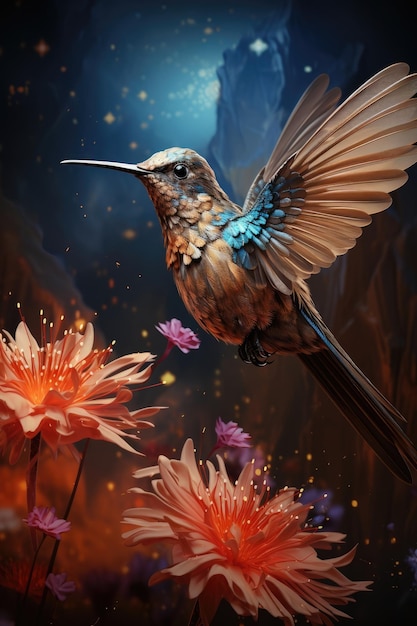 'Een kolibrie bij een bloem in vlucht' Illustratie Generatieve AI