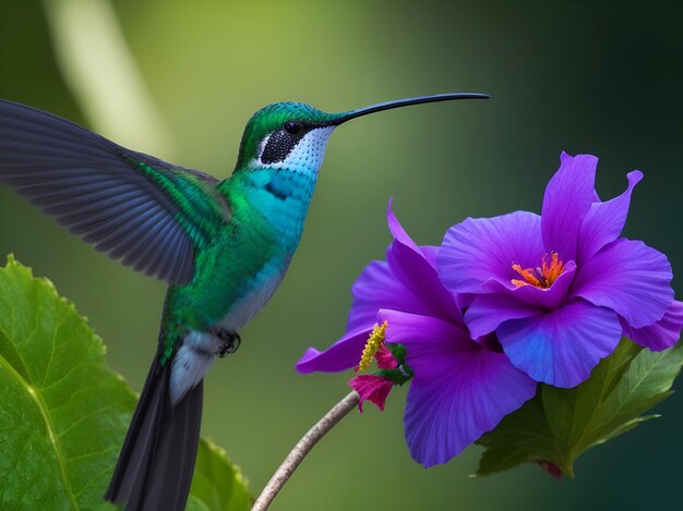 Foto een kolibrie die dichter bij een paarse bloem vliegt