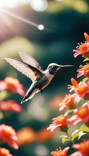 een kolibrie die door de lucht vliegt met bloemen op de achtergrond