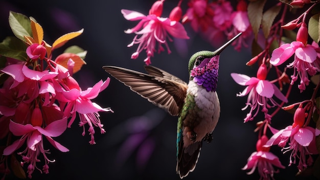 Een kolibrie die subtiel nectar nipt van levendige roze en paarse fuchsiabloesems tegen een mysterieuze donkere achtergrond