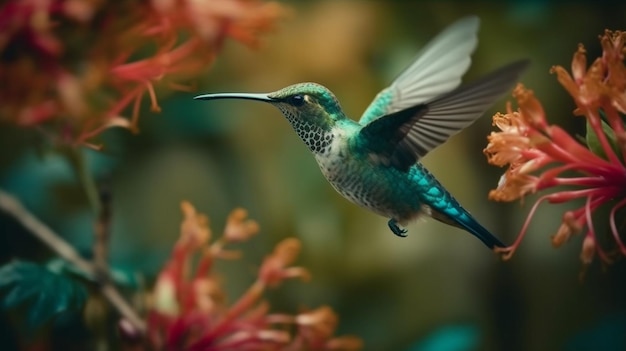 Een kolibrie die voor een bloem vliegt